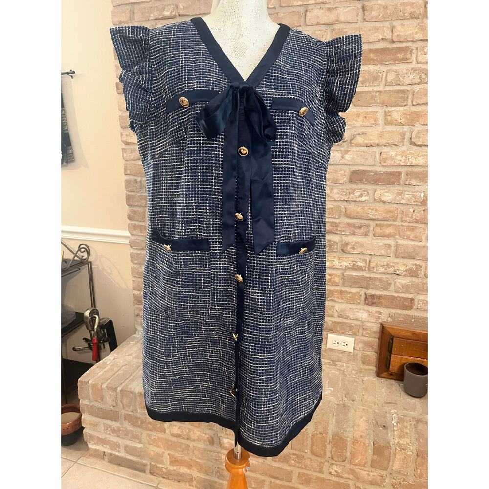 TWEED BOW BUTTON DRESS, NAVY SZ XL NEW W TAGS. Sold out style! 🎉 - Picture 6 of 7